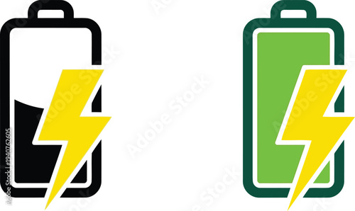 Comparison of traditional and eco-friendly battery icons with lightning bolts Vector