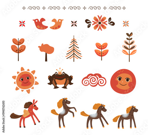 Folk Lullaby collection. Cute naive folk art set with Mezen style horses, sun, frog