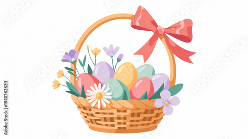 Easter basket with colorful eggs and flowers decorated with pink bow on handle springtime celebration
