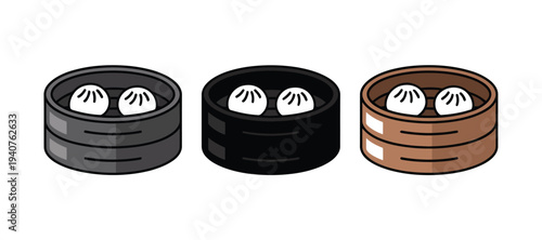 A cartoon illustration of three bamboo steamers with dumplings on a white background