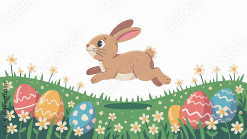 Brown bunny hopping on green grassy hill with colorful easter eggs and flowers on sunny spring day