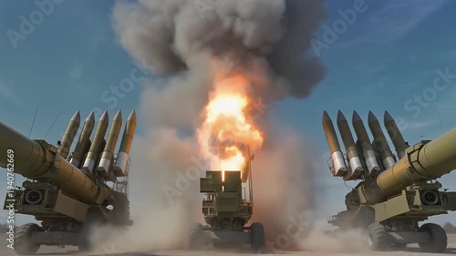 Triple rocket artillery launchers firing dramatic salvo sequence.