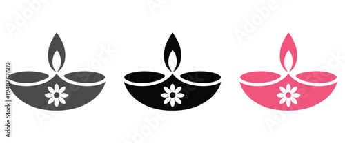 A set of colorful diya lamp icons with flower designs on a white background