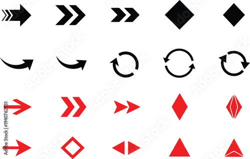 Varied geometric shapes and directional arrows in black and red color schemes Vector
