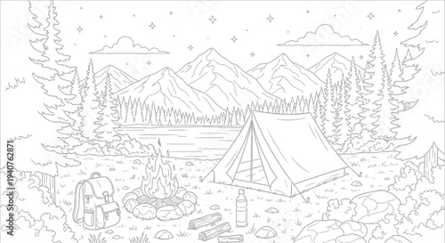 Camping coloring page for kids tent in mountains landscape