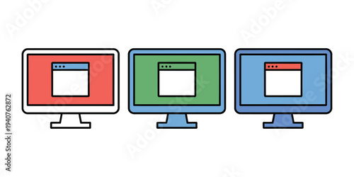 Three colorful computer monitors with blank screens on a white background