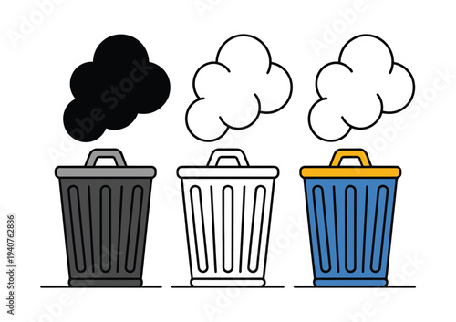 A colorful illustration of three trash cans with different colored lids and smoke coming out of them