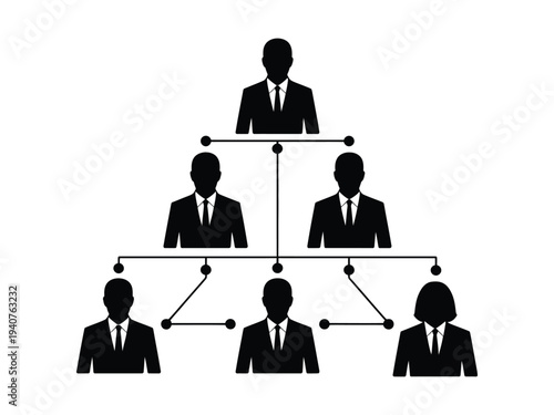 A hierarchical organizational chart with silhouettes of business professionals in suits and ties