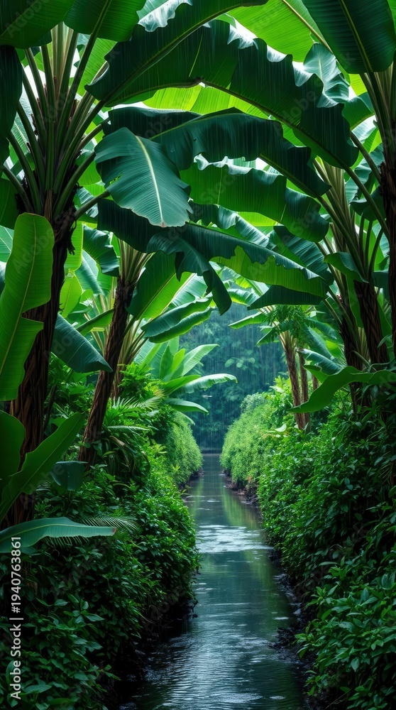 Obraz premium Lush, verdant foliage frames a tranquil stream in this atmospheric tropical scene. The dense canopy of banana leaves casts a rich green glow, illuminated by soft light filtering through the rain. This