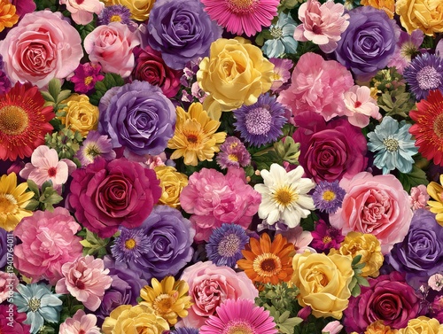 Vibrant and Colorful Floral Arrangement with Mixed Blooms and Lush Petals.