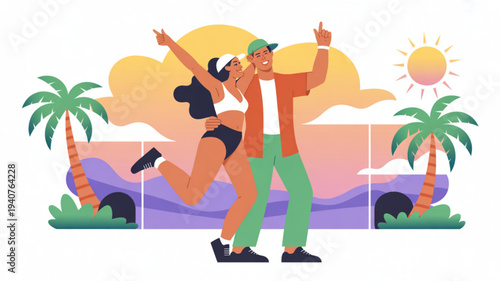 Young couple dancing together on a tropical beach at sunset with palm trees and colorful sky