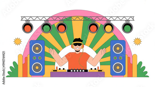 Dj performing on stage with colorful lights speakers and vibrant background creating an energetic atmosphere for a lively party or concert