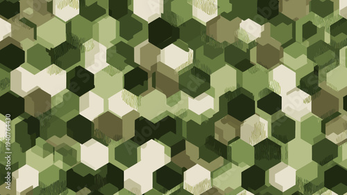Seamless geometric hex pattern in abstract camouflage design viewed from directly above