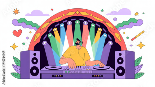 Vibrant dj mixing music with colorful lights and speakers in a lively atmosphere with pastel clouds and stars