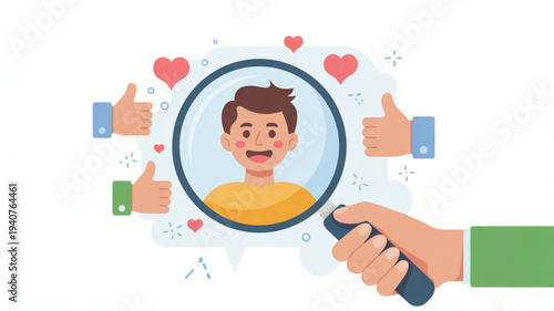 Hand holding magnifying glass examining smiling cartoon man surrounded by likes and hearts on white background