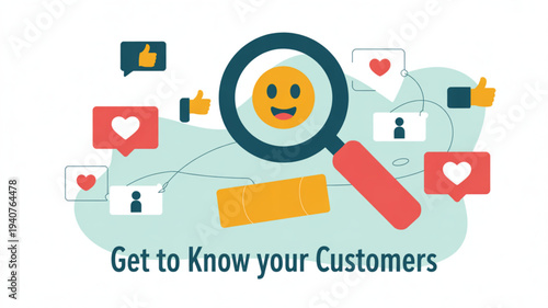 Magnifying glass examining smiley face surrounded by social media icons and customer engagement symbols on light blue background