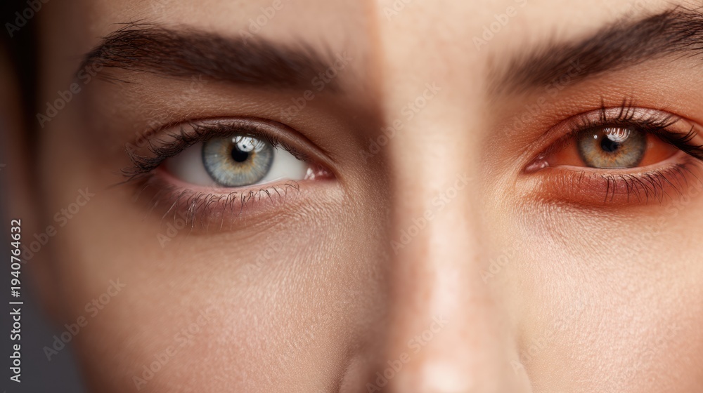 Fototapeta premium Split screen composition of a healthy blue eye and a tired red-toned eye, showcasing contrasting visual attributes and skin textures