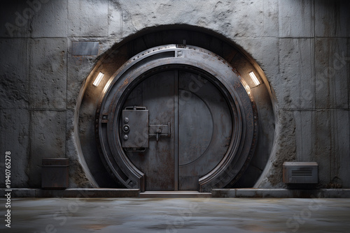 Heavy underground bunker entrance with round steel safe-style door embedded in concrete wall.