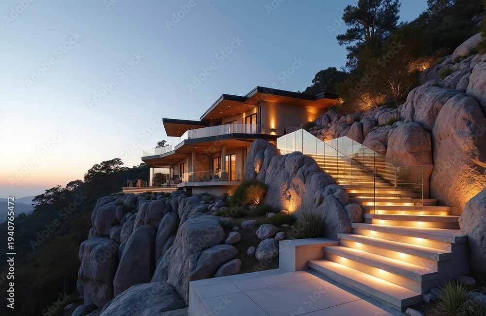 Naklejka premium Modern cliffside mansion with glass railings and illuminated stairs. Home integrates with rocky terrain, offering expansive views at dusk. Luxury estate blends architecture and nature seamlessly.