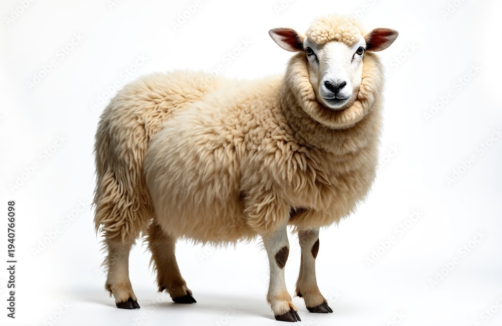 Fototapeta premium Cream colored sheep stands isolated on white backdrop. This farm animal has woolly coat and dark spots on its legs. Healthy mammal looks toward viewer.