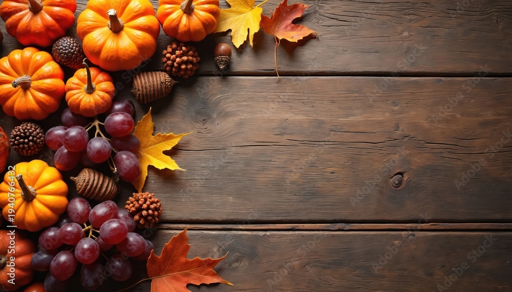 Fototapeta premium Autumn harvest bounty of pumpkins grapes and fall leaves arranged on weathered wood planks. Seasonal decorations and harvest fruits create a rustic table setting perfect for holiday feasts.