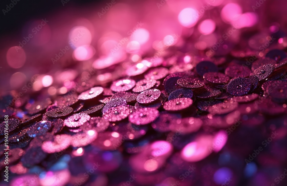 Obraz premium Close up of pink, purple shiny sequins scattered, creating festive, celebratory mood. Abstract bokeh background adds dreamy, magical effect. Ideal for fashion, party, holiday themes. Background