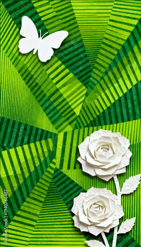 A vector avant-garde illustration of two stylized white roses cut out of textured paper and a white butterfly on an optical illusion background.