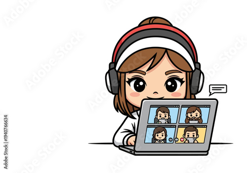 Woman wearing headphones using laptop for online video call with multiple participants displayed on screen