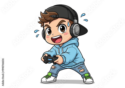 A young gamer intensely playing a video game with a controller and headphones on