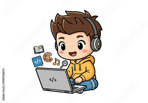 A young boy coding on a laptop with headphones surrounded by digital icons