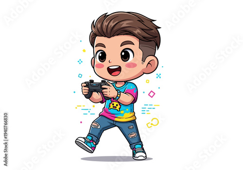 A young boy enthusiastically playing video games with a joyful expression in a colorful environment