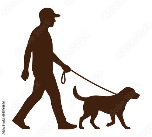 silhouette of man walking dog on leash, pet owner daily routine, outdoor activity with domestic animal, simple minimal graphic symbol for dog walking, pet care, lifestyle and companionship