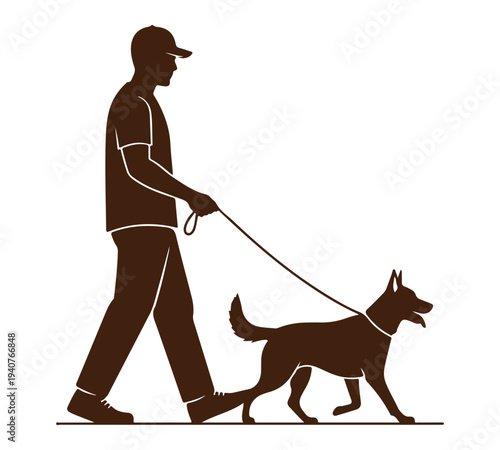 silhouette of man walking dog on leash, pet owner enjoying outdoor walk with loyal canine companion, lifestyle illustration representing pet care, exercise and companionship