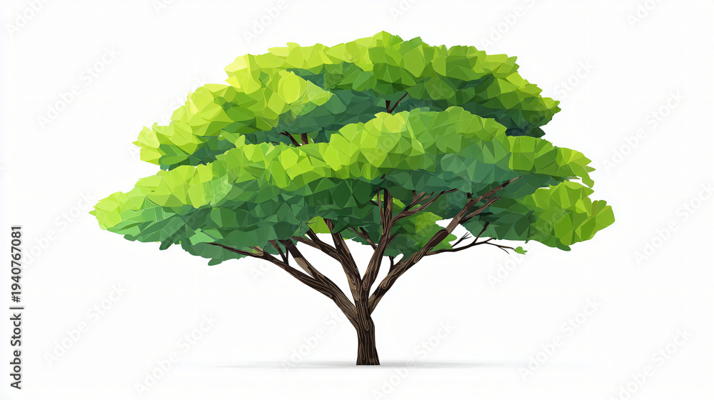 Fototapeta premium Low poly art style tree with lush green leaves isolated