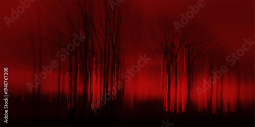 Vibrant red sunset sky over a mountain landscape with silhouettes of forest trees and abstract orange clouds during a winter dusk nature evening