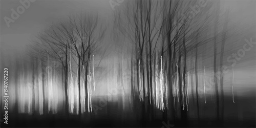 A misty winter landscape features bare forest trees and a cold foggy lake under a white sky in this abstract black and white grunge background