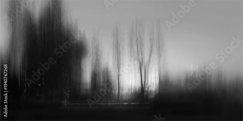 A dark and misty morning landscape where thick white fog and smoke-like clouds drift through a winter forest of black trees under a stormy sky