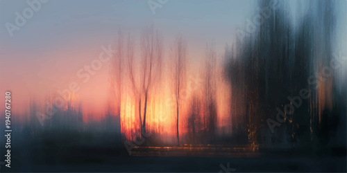 A beautiful landscape of the orange sun setting over a lake while a dramatic fire glows through the forest trees under a red evening sky