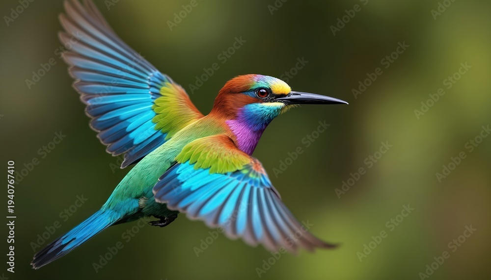 Obraz premium Lilac-breasted roller bird flies with spread wings showing vibrant colorful plumage. Small wild creature in natural outdoor habitat has blue green feathers.