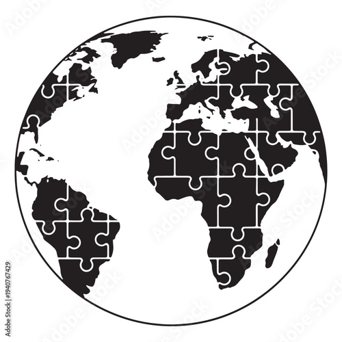 A black and white illustration of the Earth with puzzle pieces forming a complete globe silhouette