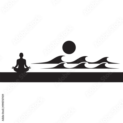 A person meditates in silhouette against a serene ocean sunset silhouette