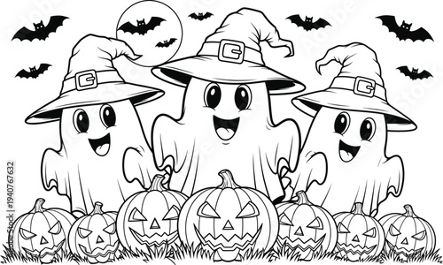 Halloween coloring page featuring three witches and pumpkins