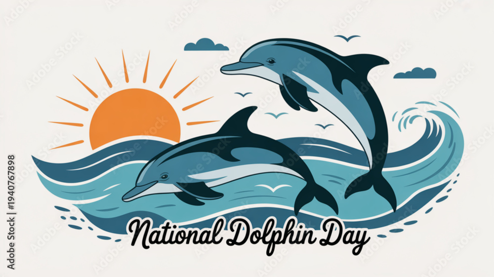 Fototapeta premium National dolphin day illustration featuring two dolphins jumping in ocean waves with sun and clouds in the background symbolizing marine life conservation