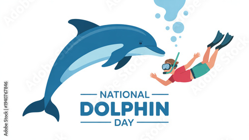 Diver interacting with dolphin underwater celebrating national dolphin day with vibrant colors and playful illustration style