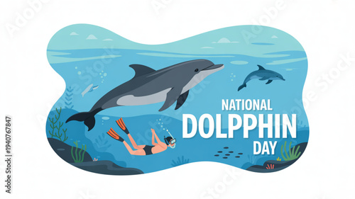 National dolphin day illustration with dolphin swimming underwater near scuba diver in ocean scene