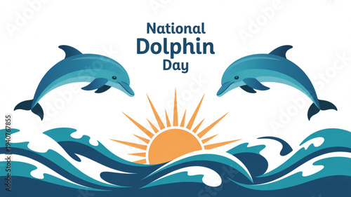 Two dolphins jumping over waves on national dolphin day with a sun rising in the background
