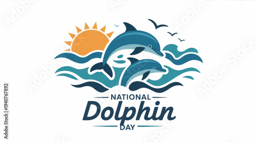 National dolphin day illustration with jumping dolphins ocean waves and sunny background perfect for marine life awareness