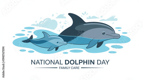 Dolphin family illustration for national dolphin day with adult and baby dolphins swimming together in water