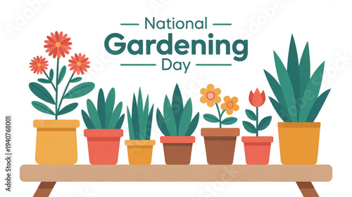 Colorful potted plants on wooden bench celebrating national gardening day with vibrant flowers and lush greenery in various pots