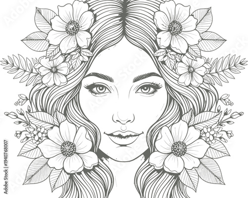 Floral face coloring page for adults beautiful woman with flowers hair illustration
